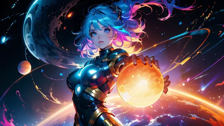 (masterpiece), best quality, a cute girl floating in the space holding a planet, ((holding)), sphere, ((glow, planet glow)), perfect face, expressive eyes, (blue Tight crop top gold leather suit), (Medium breast), (open half breast), , spiral galaxy, astro...