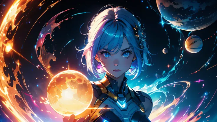 (masterpiece), best quality, a cute girl floating in the space holding a planet, ((holding)), sphere, ((glow, planet glow)), perfect face, expressive eyes, (blue Tight crop top gold leather suit), (Medium breast), (open half breast), , spiral galaxy, astro...