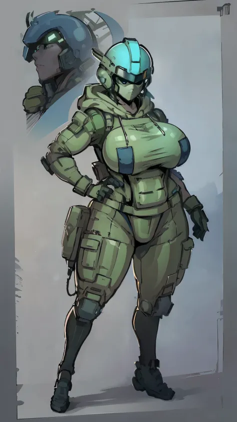 Masterpiece, High quality, ((character concept art)), ((character design sheet, same character))

a futuristic-looking female military commander, wearing a ((kevlar helmet)) and is dressed in ((turquoise suit)), holding weapon, holding gun, wearing epTacti...