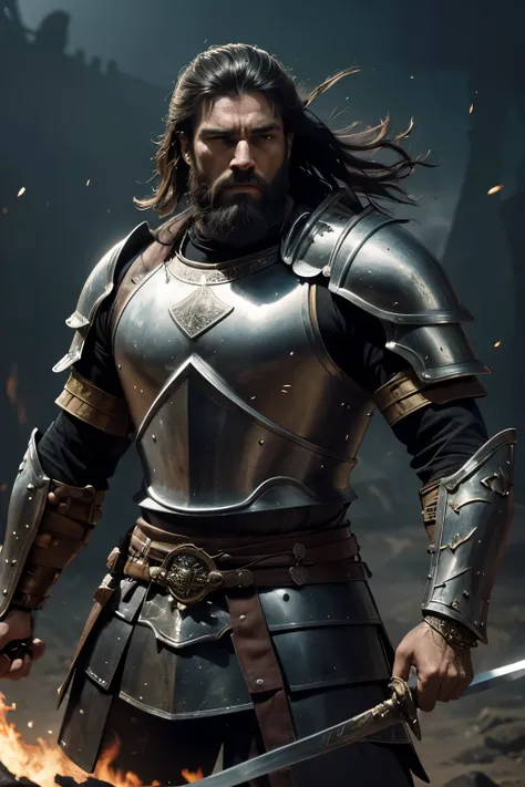 (best quality,4k,highres),a warrior with short hair and beard,wearing a leather armor and wielding two swords,detailed face,detailed armor,extraordinary strength and power,confident and determined expression,heroic pose,muscular physique,medieval setting,w...