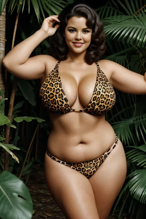 MILF, BBW, photo vintage,  very Busty, visage parfait, erotic, NOIRE , tache de rousseur, 1969 , Aroused, FRONT VIEW,  leopard bikini, smilling ,  underboobs, VERY BIG TITS, JUNGLE BACKGROUND