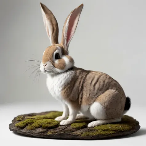 Create an exquisite 2D image of a thoughtful rabbit, with its soft brown eyes reflecting deep contemplation. The rabbits fur, a fluffy blend of mossy green and beige hues, covers its small, round body. Its piercing black nose twitches as it ponders, adding...