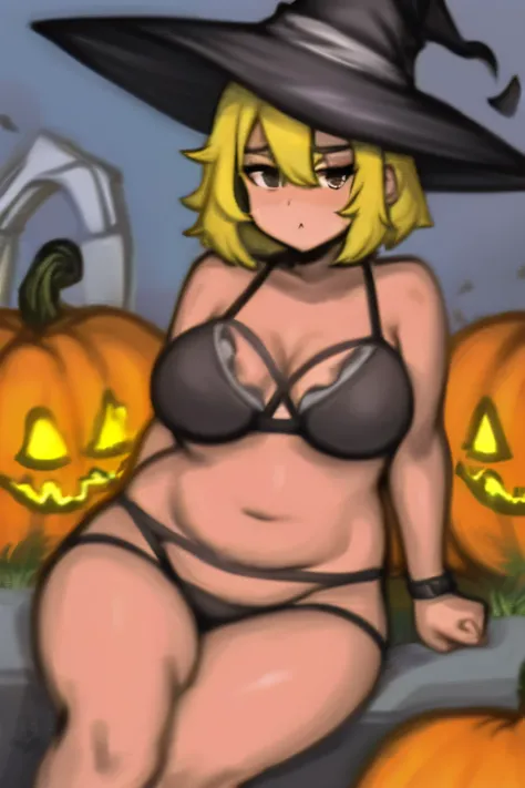 (primary colors are orange and purple:1.2) , woman, short hair, witch outfit, graveyard in the background, chubby ,sitting on a pumpkin, witch hat,(night :1.1), limited color pallet, colors are limited to orange and purple, helloween ,by kelvin hiu, belly ...