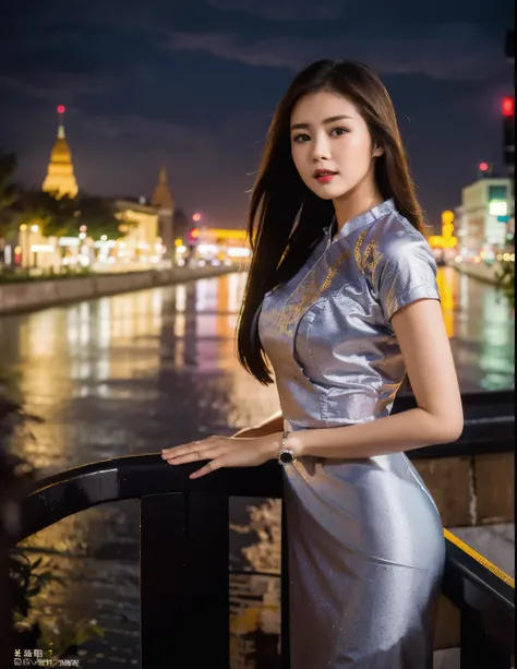 (8k, RAW photo, best quality, masterpiece:1.2), (realistic, photo-realistic:1.37),1girl,cityscape, night, rain, wet, professional lighting, photon mapping, radiosity, Chinese Doll,torn ,chemise, myanmar traditional dress