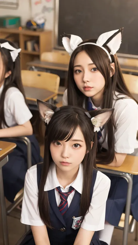 Masterpiece, 4K, Beautiful high school girls, (Japanese idle:1.6), (Cat ears), looking at the viewer,  bob hair , (school uniform:1.2), group picture, harem, classroom,