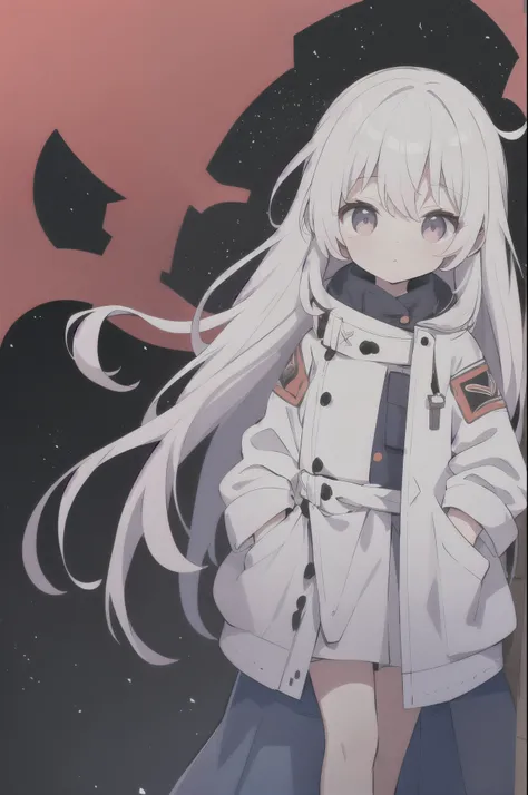 loli，Short girl，Eyes like stars，cute，Not wearing anything，long white hair，Long hair to waist，Wear a white coat，Pocket