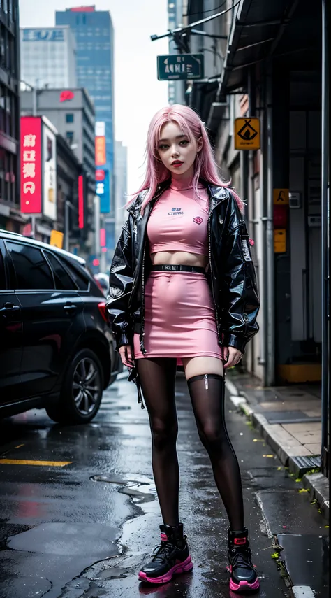 Anime girl posing on the street，pink long hair，vein punk style，cyberpunk streetwear，女性cyberpunk anime girl，cyberpunk anime girl，Wear cyberpunk streetwear，cyberpunk fashion clothing，Cyberpunk fashion crotinodel girl in cyborg style，cyberpunk style，cyberpunk...