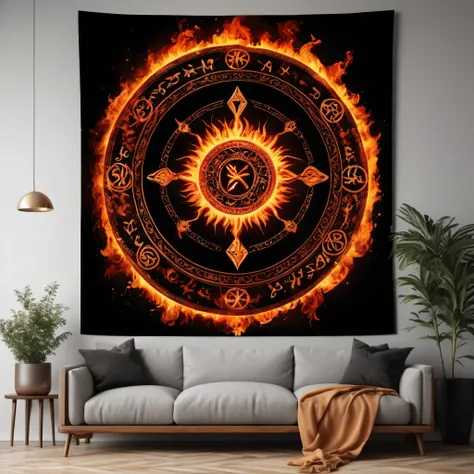 Masterpiece in maximum 16K resolution, superb quality, a stunning image featuring a fire magic circle with a ((variety of ancient symbols and runes)), intricate details of raging flames in vibrant shades of red, orange, yellow, swirling dynamically in a me...