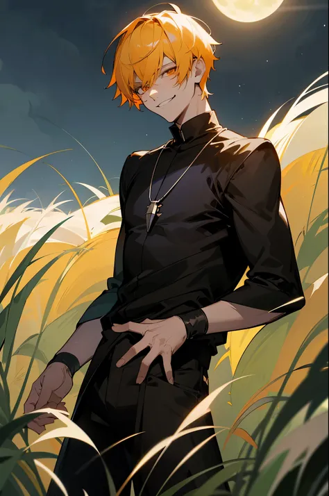 1male , orange Eyes , short hair , Young male , pure yellow hair, grassy background, evil smirk ,silver necklace, moonlight, black outfit,
