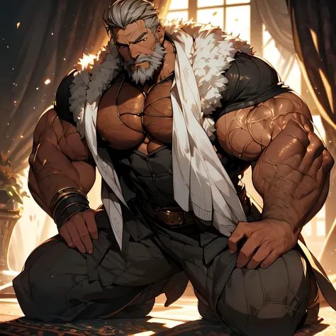 Anime old king, a powerful king, alpha male, Bodybuilders, very muscular, captive, Body bondage，Forced to kneel，hurt, Breathing heavily, covered in blood，60 years old, majestic lord, Wearing an open black royal robe, Very big pecs, muscular chest, looking ...