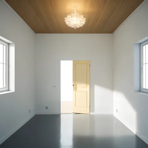 Optical Illusions，Dream core, empty room, equidistantly connected room, aisle, ceiling, lighting, pale yellow wall, white modern simple room door, infinite space,Characteristics of claustrophobia,Monotonous, repetitive