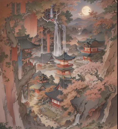 painting of a Japanese landscape with a pagoda and full moon, makoto sinkai, traditional japanese conceptual art, fondo animado art, arte conceptual del paisaje anime, fondo que representa un templo, Hermosa escena de anime, zen Fondo del templo, Rosa Tran...