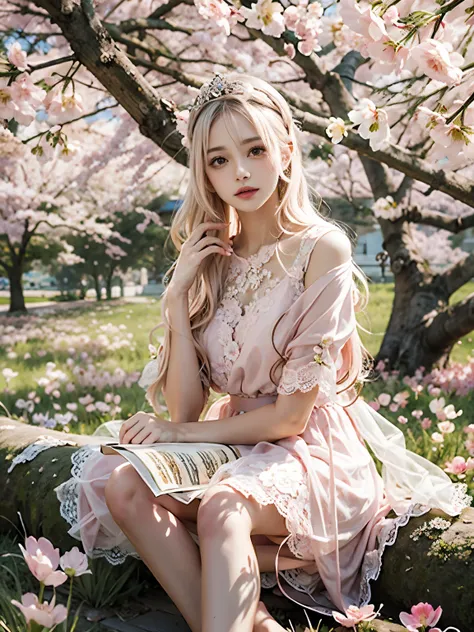 raw photo, 8k, (top-quality), Realistic, (real picture, Intricate details, depth of field), (natural skin texture, detailed skin, hyper realism, sharpness), photorealistic, high resolution, Japanese teenage girl sitting under cherry blossom, solo, hips up,...