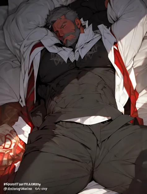 muscular, Burly man, white hair, Strong chest hair，Lying in bed，Wearing a black tight vest and a white cloak, Hes asleep，drunk, sexy pose，Sexy short beard，huge crotch