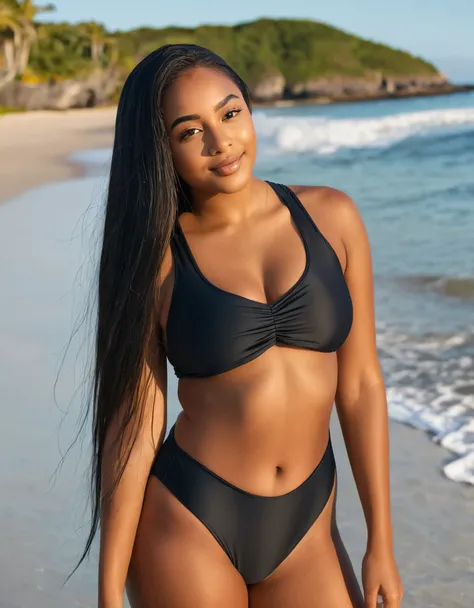 Mixed black ethnicity , wearing swimsuit on beach, long straight hair, curve young woman 