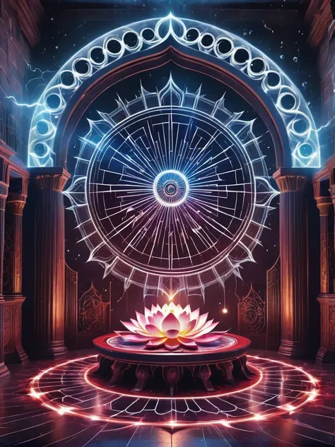 Demon World Hall，Lotus altar，blood spread，strange geometric patterns，blood spatter，Pure cosmic energy transparent magic circle，Formation built with magical energy，The Wheel of Time and Space，aureola，electric wheel，Magically drawn polygons，Epic magic fantas...