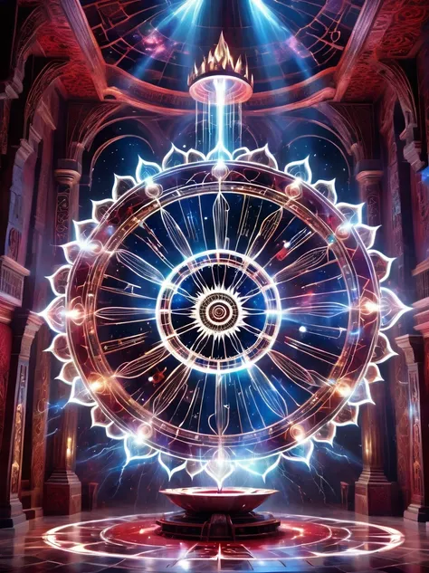 Demon World Hall，Lotus altar，blood spread，strange geometric patterns，blood spatter，Pure cosmic energy transparent magic circle，Formation built with magical energy，The Wheel of Time and Space，aureola，electric wheel，Magically drawn polygons，Epic magic fantas...