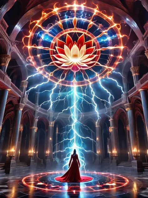 Demon World Hall，Lotus altar，blood spread，Weird round case，blood spatter，Pure cosmic energy transparent magic circle，Disc made of magical energy，The Wheel of Time and Space，aureola，electric wheel，Magically drawn polygons，Epic magic fantasy，Epic surrealism，...