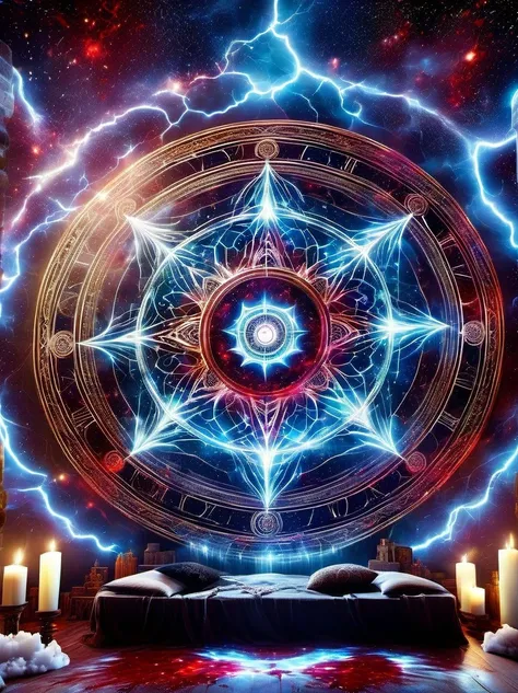 starry sky altar，blood spread，Weird round case，blood spatter，Pure cosmic energy transparent magic circle，Disc made of magical energy，The Wheel of Time and Space，aureola，electric wheel，Magically drawn polygons，Epic magic fantasy，Epic surrealism，Epic Thunder...