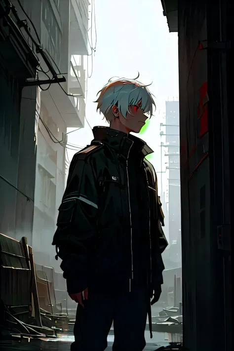 A boy with white hair and red eyes standing alone in the slums of a dark futuristic city, the boy gazes at the starry sky with a look of despair. (moyen:oil painting&#39;huile),(best quality,4K,8K,high resolution,chef-d&#39;artwork:1.2),ultra-detailed,(rea...