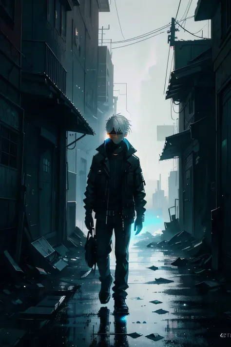 A boy with white hair and red eyes standing alone in the slums of a dark futuristic city, the boy gazes at the starry sky with a look of despair. (moyen:oil painting&#39;huile),(best quality,4K,8K,high resolution,chef-d&#39;artwork:1.2),ultra-detailed,(rea...