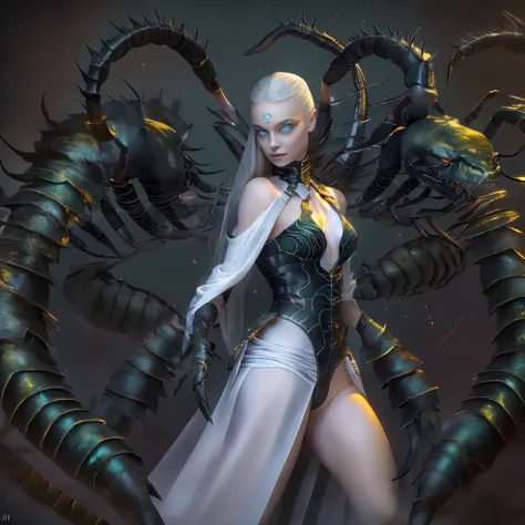 ((Best quality, high-res, ultra-detailed, photorealistic: 1.37)), hybrid human-scorpion female detailed scorpion tail, (beautiful detailed eyes and face of a girl), venomous stingers, powerful humanoid body, menacing presence, dark atmosphere, horror, vivi...