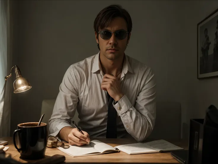 social maffia, bureau, lawyer (Man) with black sunglasses, extrem light from lamp, dark room