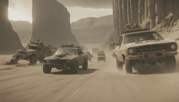Breathtaking graphics from the Attack on Titan universe, filming epic races on cars from Mad Max against the backdrop of wasteland and canyons near industrial plants , breathtaking scenery, and impressive lighting effects, that create impressive visual exp...