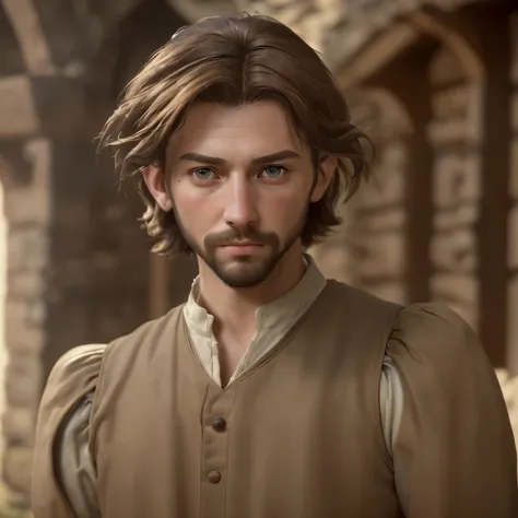 (best quality,4k,8k,highres,masterpiece:1.2),ultra-detailed,(realistic,photorealistic,photo-realistic:1.37), medieval outfit, man 40s, short brown hair, sparse beard, commoner, village, earthy tones,