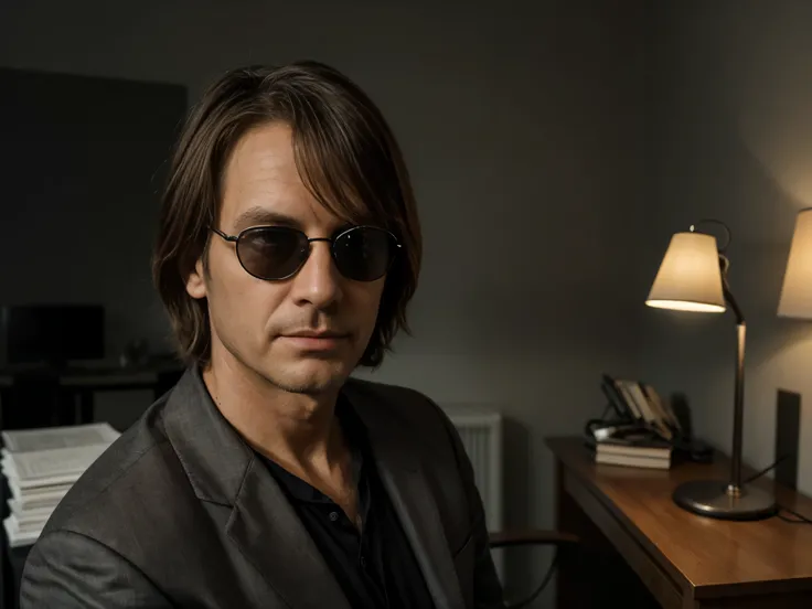 social maffia, bureau, business photo of german lawyer (Man 47years old) with black sunglasses, extrem light from lamp, dark room