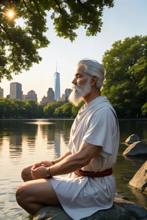 Personne grecque antique masculine, Environ 50 ans, cheveux et barbe blancs, inspired by stoicism and Marcus Aurelius, détourner le regard et méditer,  corps en forme avec des muscles maigres. Il porte une ancienne tunique grecque blanche,  in a thinking p...