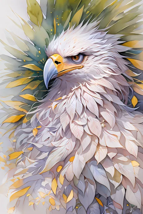 ( aquarela (average), IrisCompiet:1.2),Side view of an eagle with a long beak, foco facial, Fundo abstrato, fantasia, muitas cores, colorida, flower petals, vento soprando,obra de arte, melhor qualidade, (extremamente detalhado CG unity 8k wallpaper), (mel...