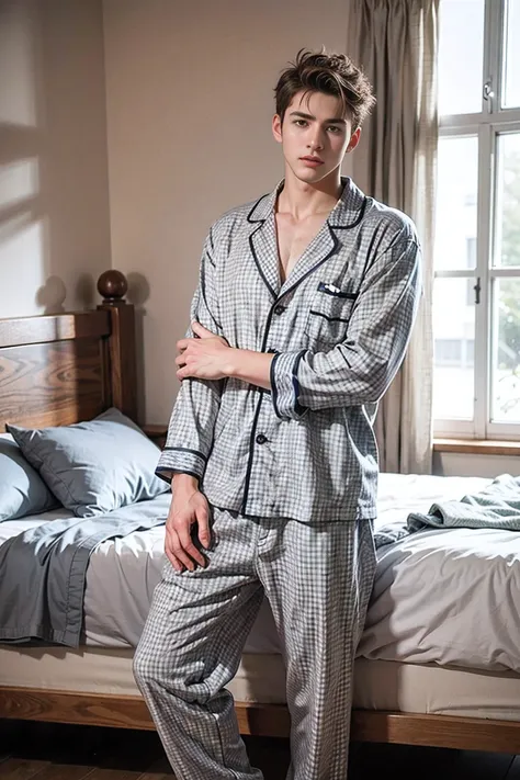 realistic photography, handsome young man ,loose pajamas ,lovely bedroom