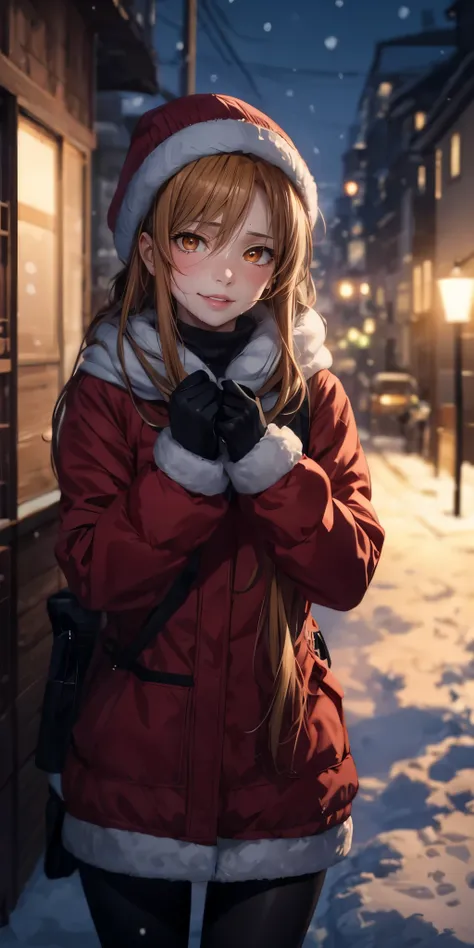 asuna, long hair, orange hair, long hair, ((Anime,1woman,Best Quality), (Highly Detailed 8K Background, Best Shadow), Highly Detailed, (Beautiful Detailed Eyes), ((Winter Clothes, Daylight, Winter))), (Cowboy Shot), Anime, City, Best Quality High detail, 4...