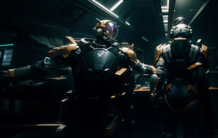 there are two people in costumes standing in a room, 8k octane rendered, unreal octane render, video game screenshot>, hd 4k game screenshot, star citizen origin 100i, star citizen halo, octane 8k render, screenshot from an fps, octane 8 k render, 8 k octa...