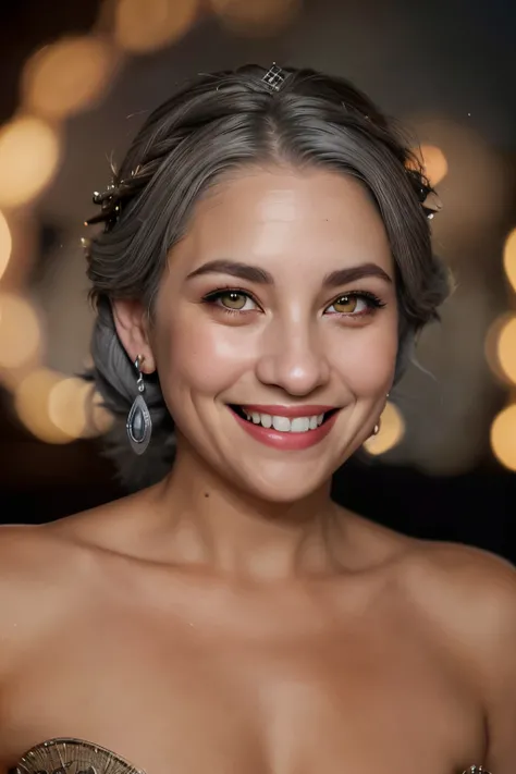 glowing eyes, crescent earrings, laughing, crown, grey hair, bokeh, Eye-Level Shot, f/1.2, Canon, pov, speed lines, Genre painting, American propaganda poster, UHD, anatomically correct, 16k, best quality