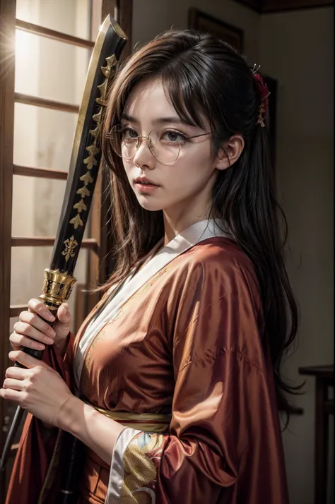 arafed asian woman in a kimono holding a sword, she is holding a katana sword, masayoshi suto and artgerm, with glasses, japanese goddess, unsheathing her katana, holding a sword on her shoulder, girl samurai, shot on canon eos r5, shot on canon eos r 5, p...