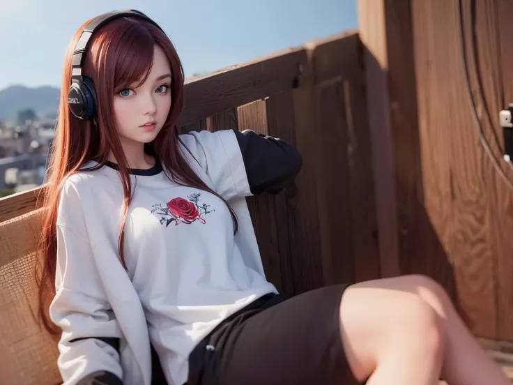 girl, dark red hair, blue eyes, looking at the camera, wearing headphones, wearing a black sweatshirt with a drawing of a rose, black sweatpants, at sunset