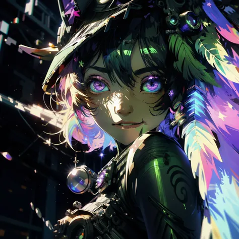 ((Best quality)), ((masterpiece)), (detailed:1.3), 3D ,HDR (High Dynamic Range) a cartoon girl with a cat ears and a green and purple outfit, glitchpunk girl
