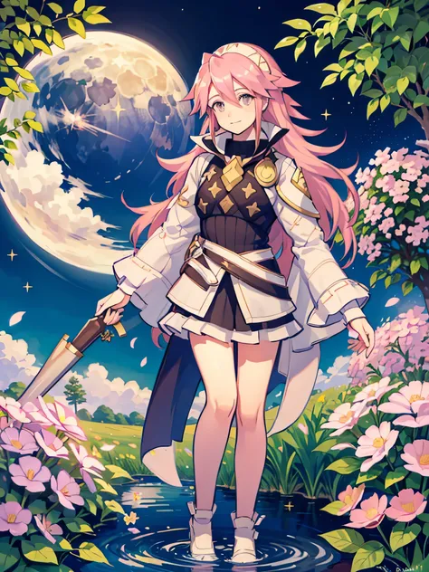 (Soleil de Fire Emblem en una llanura de flores.) (Elegant and white expression.) (cuerpo completo) (Alta calidad) (A pattern of moon and stars in the background) (mirando al horizonte)