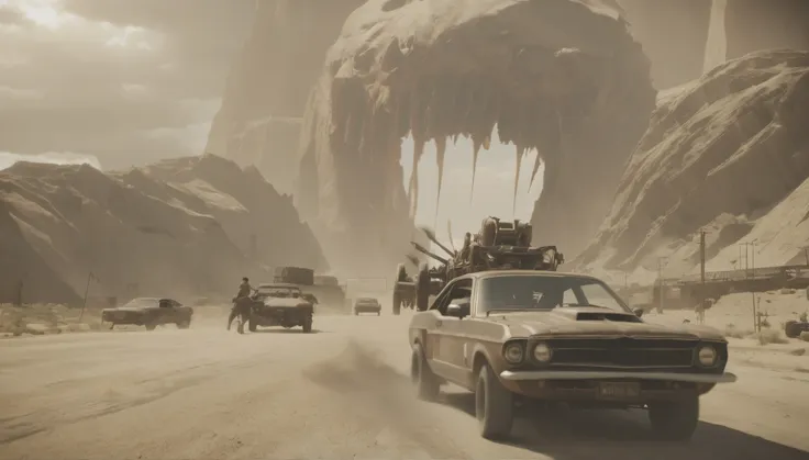 breathtaking graphics from the attack on titan universe, filming epic races in the distance in small cars from mad max against t...