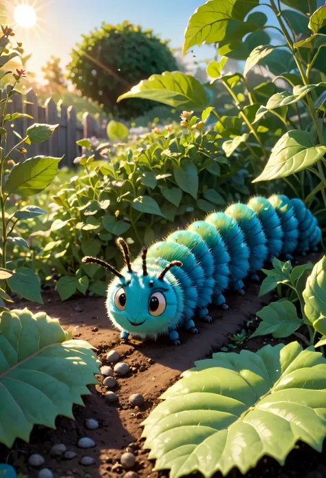 A daytime view of the garden, with nothing but bare patches of earth where the seeds were planted. A lone, determined-looking caterpillar munches on a nearby leaf. high quality, masterpiece,comic,cinmatic,anime,3dd, fantasy, sunlight, blue light, sunset, s...