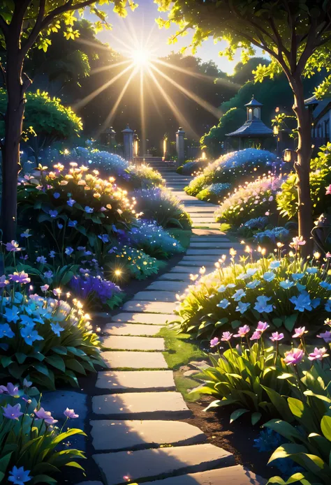 A wide shot of the transformed garden. The glowing flowers illuminate the surrounding area, creating a beacon of light and hope in the darkness. high quality, masterpiece,comic,cinmatic,anime,3dd, fantasy, sunlight, blue light, sunset, soft light. Disney s...