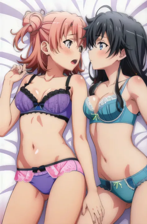 2 girls , bed,Yukinoshita Yukino , Yuigahama Yui , kiss ,Drool,underwear,,blue bra,blue panties ,pink bra,pink panties,