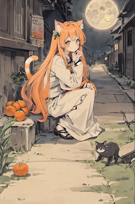 Cat,tangerine,Lovely,big eyes,masterpiece,full moon,alley