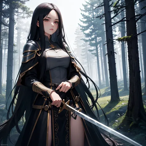 A woman, long hair, black hair , Knight clothes, holding a sword, sword, location, a mystical, mystical forest 