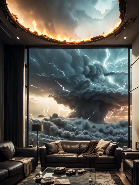 Cinematic shot, Large panoramic window (((with a view of an apocalyptic tornado event))), a tastefully decorated living room in a contemporary style. Muted colors. Contrast between everyday comfort and surreal vistas, movie scene