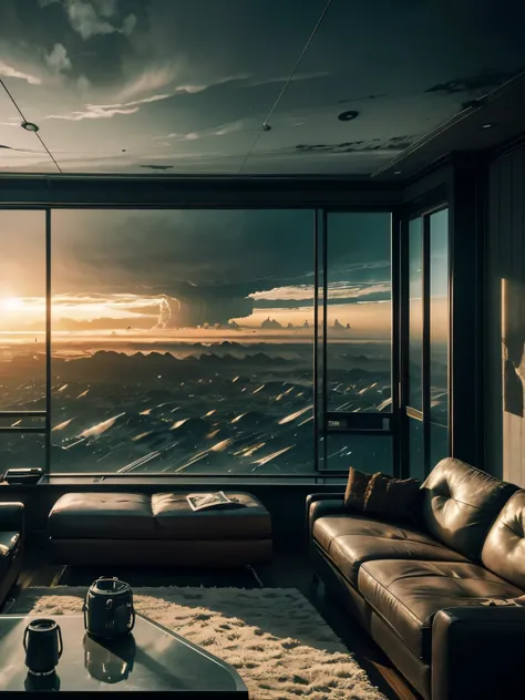 Cinematic shot, Large panoramic window (((with a view of an apocalyptic event))), a tastefully decorated living room in a contemporary style. Muted colors. Contrast between everyday comfort and surreal vistas, movie scene