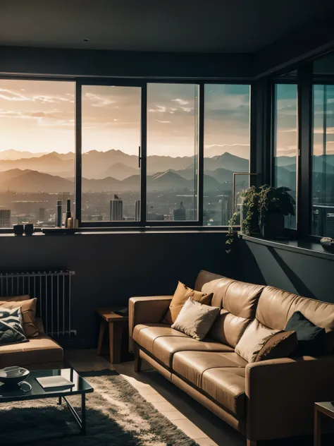 Cinematic shot, Large panoramic window with a view of an apocalyptic event, a tastefully decorated living room in a contemporary style. Muted colors. Contrast between everyday comfort and surreal vistas, movie scene