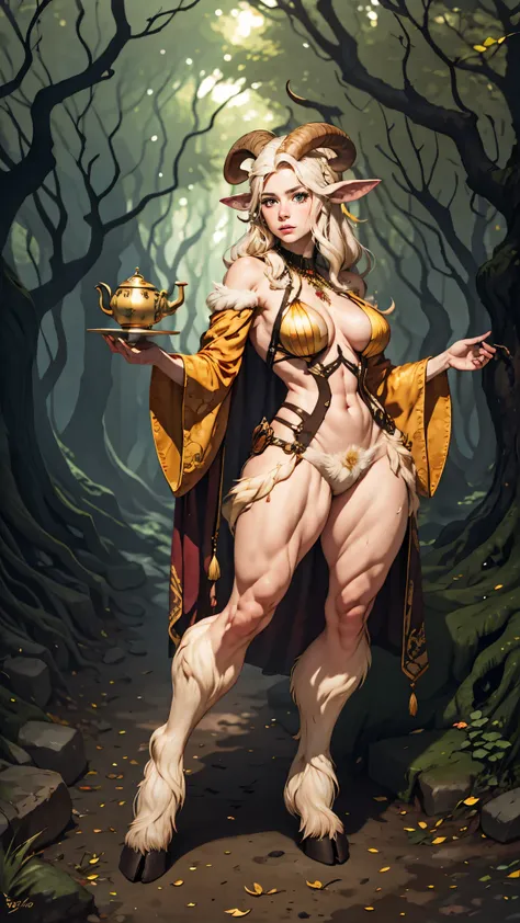 white hair,a faun female in the forest, satyr, woman, fantasy(masterpiece, best quality, photorealistic, detailed shiny skin:1.2...